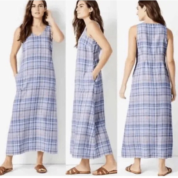 J. Jill Dresses & Skirts - J. Jill Pure Jill Women’s Large 100% Linen Peasant Plaid Maxi Dress Pockets Aa6